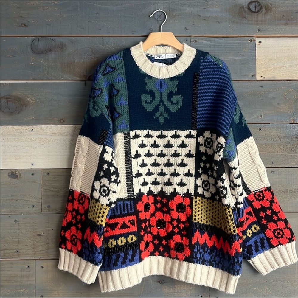 Zara Limited Edition Oversized Multicolor Patterned Crew Neck Sweater